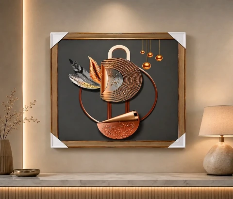 Copper Geometric Curves and Feather Motifs Wall Art