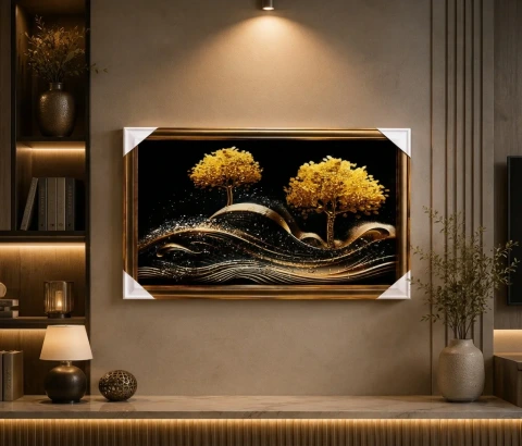 Golden Trees and Flowing Waves Wall Art