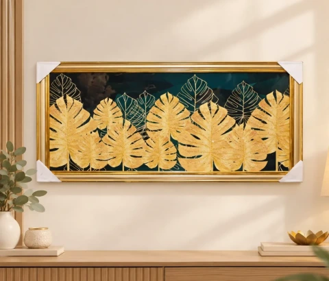 Golden Tropical Leaves on Deep Teal Wall Art