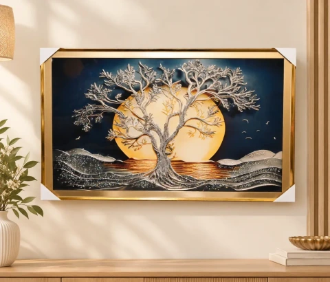 Silver-Toned Tree before Golden Sky Wall Art