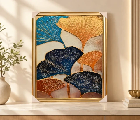 Blue and Gold Fan-Shaped Leaves Wall Art