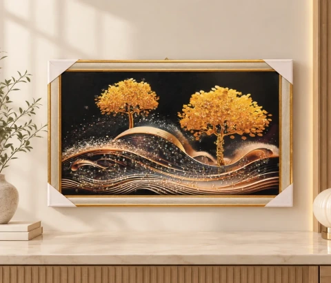 Golden Tree Pair above Layered Waves Wall Art