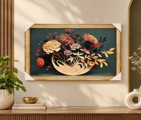 Floral Crescent Arrangement on Teal Wall Art