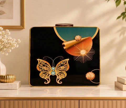 Golden Butterfly with Teal Geometric Motifs Wall Art