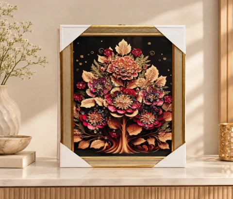 Burgundy Floral Tree on Black Wall Art