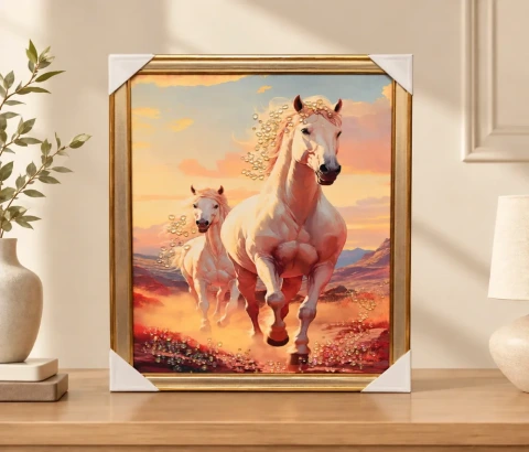 White Horse Pair at Peach Sunset Wall Art