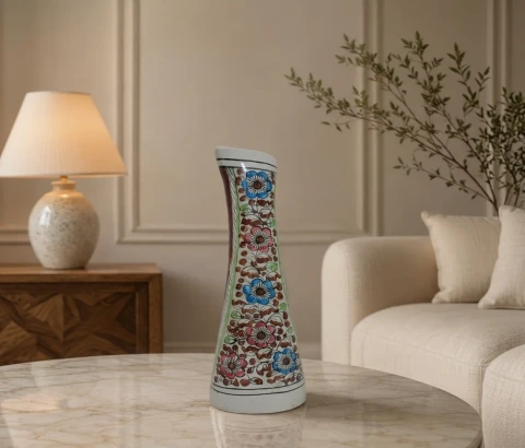 White Multicolour Floral Curved Decorative Vase
