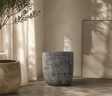 Distressed Whitewash Rounded Decorative Pot