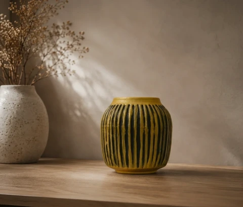 Mustard and Black Ribbed Decorative Pot