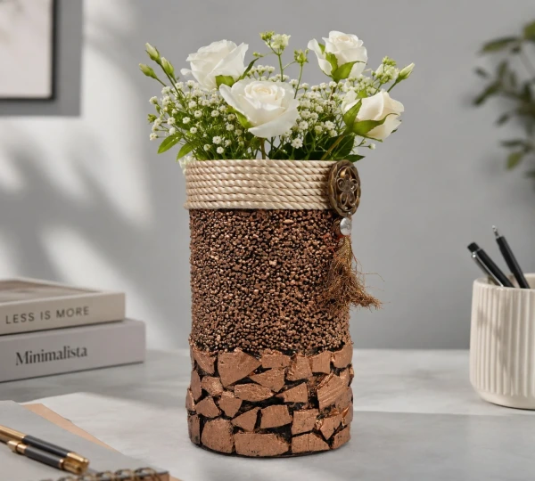 Brown Mosaic-Style Tassel Vase