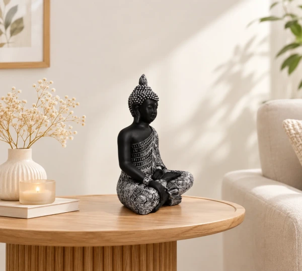 Black and Silver-Tone Patterned Buddha Statue