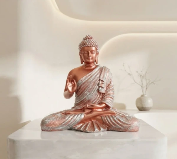 Copper-Tone Seated Buddha with Raised Palm