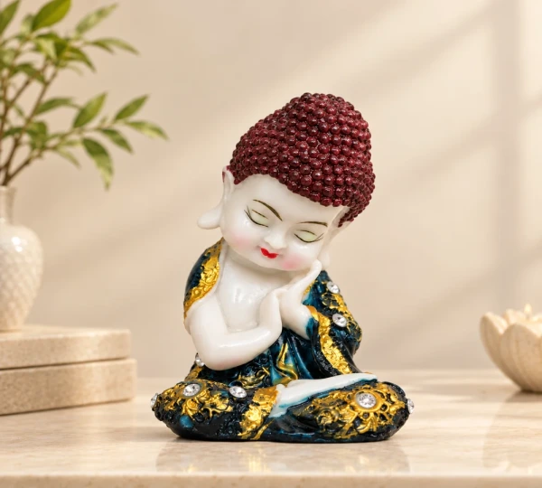 Resting Baby Buddha in Teal and Gold-Tone Robe