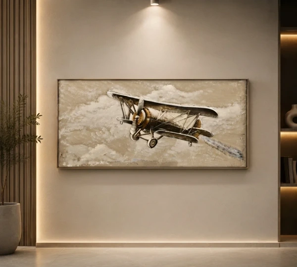 Vintage Biplane in Cloudy Sky Wall Art