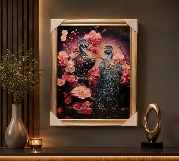 Blue Peacock Pair among Pink Blossoms Wall Art